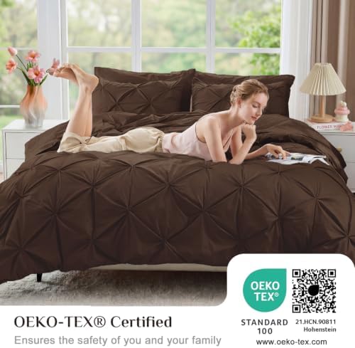 JOLLYVOGUE King Size Comforter Set 7 Pieces - Bed in a Bag King for All Season, Pintuck Bedding Comforter Sets with Comforter, Flat Sheet, Fitted Sheet and Pillowcases & Shams, Dark Brown