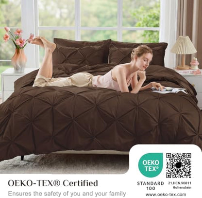 JOLLYVOGUE King Size Comforter Set 7 Pieces - Bed in a Bag King for All Season, Pintuck Bedding Comforter Sets with Comforter, Flat Sheet, Fitted Sheet and Pillowcases & Shams, Dark Brown