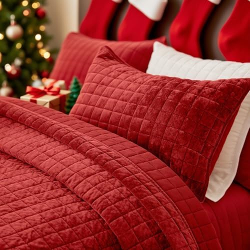 Quilt Set California King Size 106x118 Luxurious Velvet Bedding Sets with 2 Pillow Shams 20x36 3 Pieces Ultra Soft Quilted Bedspread Coverlet Comforter for All Season, Red
