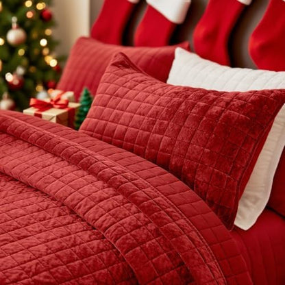 Quilt Set California King Size 106x118 Luxurious Velvet Bedding Sets with 2 Pillow Shams 20x36 3 Pieces Ultra Soft Quilted Bedspread Coverlet Comforter for All Season, Red