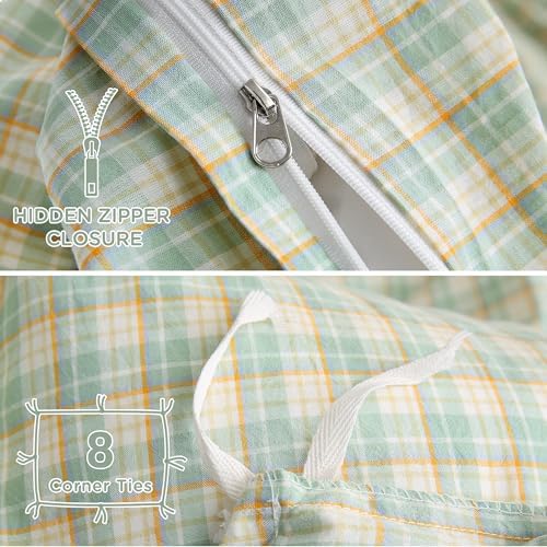 TOCOMOA Plaid Duvet Cover Set 100% Washed Cotton Like Linen, Queen