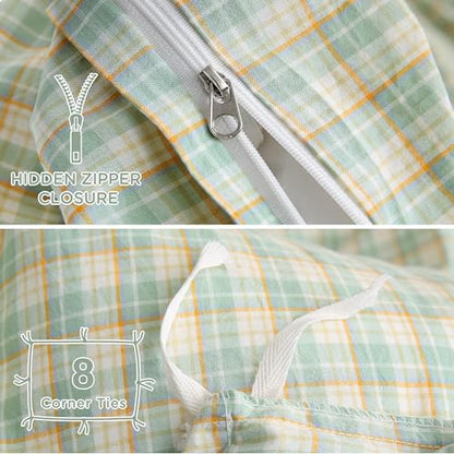 TOCOMOA Plaid Duvet Cover Set 100% Washed Cotton Like Linen, Queen