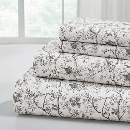 Modern Threads Silky Soft Microfiber and Wrinkle Free Sheets - Luxurious Microfiber Bed Sheets Includes Flat Sheet, Fitted Sheet with Deep Pockets, & Pillowcases Grey Garden Toile, California King