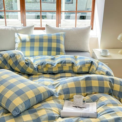 FACE TWO FACE Bedding Duvet Cover Set100% Washed Cotton Duvet Cover Linen Like Textured Breathable Durable Soft Comfy (Twin, Blue Yellow Grid)