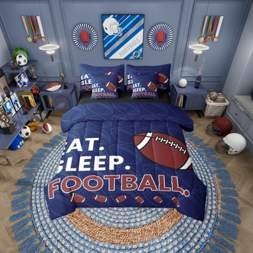 Erosebridal Rugby Gaming Kids Boys King 7-Piece Comforter Set | Football Sports Sheets and Pillowcases Ball Games Bed in A Bag Navy Blue Bed Sets