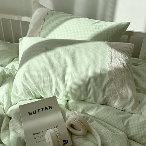 VM VOUGEMARKET White Lace Duvet Cover Twin Green Plaid Gingham Duvet Cover with 2 Romantic lace Pillowcases Soft Cozy Grid Bedding Set for Teen Girls