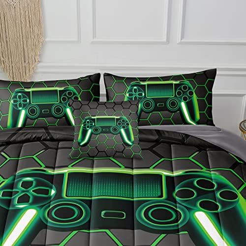 BDUCOK 6 Piece Gamer Comforter Bed in A Bag Sets for Boys Teen Kids,Honeycomb Gaming Bedding Sets Gamepad Comforter Microfiber Bed Set for All Season Gamer Home Decor(Green, 6 Piece Sets30021-Full)