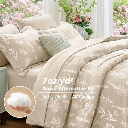 MUXHOMO Beige Full Comforter Set, Elegant Floral Print Bed in a Bag 7 Pieces, Ultra Soft & Breathable Reversible Botanical Pattern Bedding Set with Comforter, Sheets, Pillowcases, and Shams