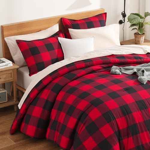 Andency Buffalo Plaid Comforter Full, Red Black Checkered Gingham Grid