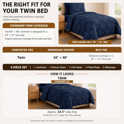HIMEET Twin Comforter Set Navy Blue - 5 Pieces Pintuck Bed in a Bag