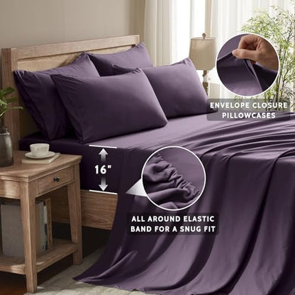 Cal King Size Sheets Set - 6 Piece Luxuriously Soft & Cooling Sheets Cal King Size - Ultra Soft 16" Deep Pocket Cal King Sheet Set - Fitted Sheet & Pillowcase Sets (Cal King Purple)