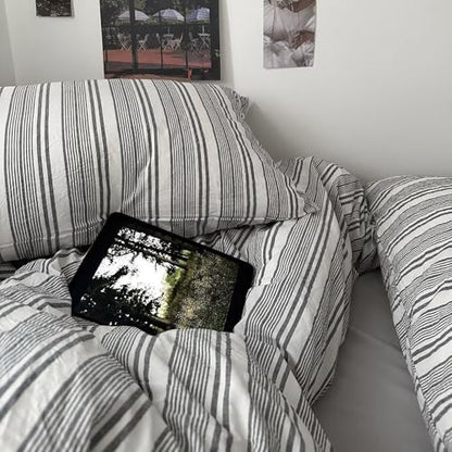 mixinni Vintage Grey & White Striped Comforter Set Twin XL Size - Soft Washed Cotton 3-Piece Neutral Bedding Set, Retro Geometric Pattern, All-Season Breathable & Fluffy for Men, Boys