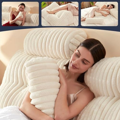 Rycwola Faux Fur Headboard Pillow with 2 Pack Neck Roll Pillow Large Headboard Pillow Soft and Supportive with Removable Cover (Beige, Queen)