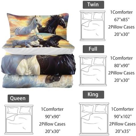 Nttopship Horse Comforter Set Queen Size 3 Pcs,Horses Animal 3 Pcs Bedding for Adults, Horse Theme Bedding Set,3D Wild Animal Room Decor with 2 Pillowcases