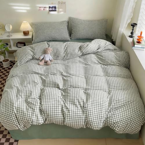 Gingham Duvet Cover Set 3 Piece 100% Washed Cotton Linen Feel Modern Plaid Checkered Bedding Comfy Breathable (Green/White Gingham, King)