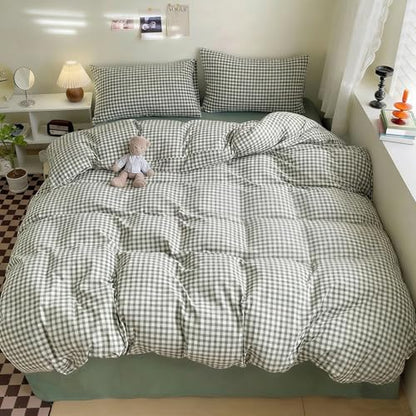 Gingham Duvet Cover Set 3 Piece 100% Washed Cotton Linen Feel Modern Plaid Checkered Bedding Comfy Breathable (Green/White Gingham, King)