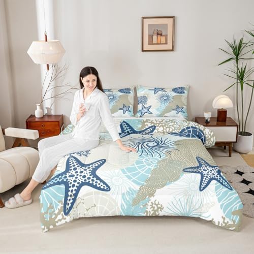 Homewish Ocean Comforter Set King Size,Starfish Shell Coral Sealife Bedding Set 3pcs for Kids Boys Girls Room Decor,Boho Hawaii Style Quilt Set Vintage Navy Blue Duvet Insert with 2 Pillowcases