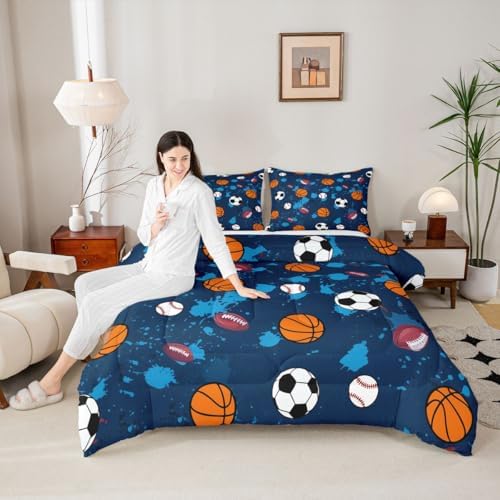 jejeloiu Ball Games Comforter Set All Season Soccer Basketball Baseball Football Bedding Set with 2 Pillow Cases Splash Ink Ball Games Microfiber Kids King Bedclothes Sports Theme Decor Duvet Quilt