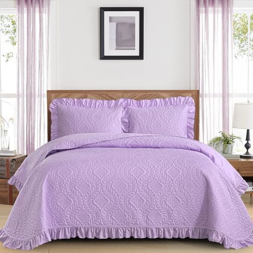DJY Purple Quilt Set Twin Size Dorm Bedding, Ruffled Bedspreads
