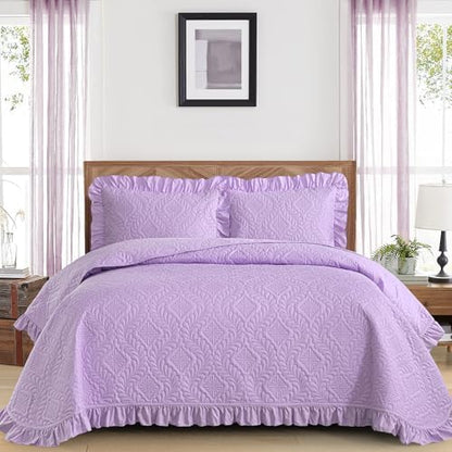 DJY Queen Quilt Set, Ruffled Bedding, Lavender Purple Bedspreads