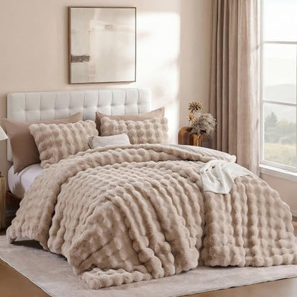 YIKUSH Queen Faux Fur Soft Comforter Set, Fluffy Linen Rabbit Fur Comforter
