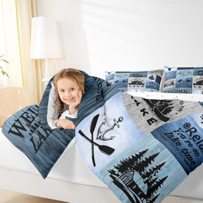 Lake House Comforter Set King Size,Camping Fishing Quilt Set Bear Anchor Pine Print Grid Bedding Set Kids Boys Girls Adult Rustic Cabin Decor Blue Patchwork Plaid Duvet Insert,2 Pillowcases