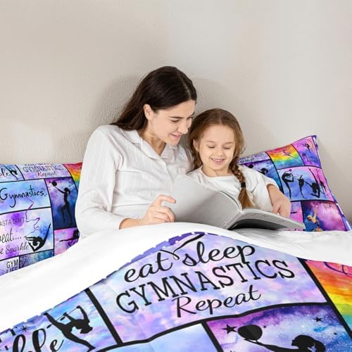Manfei Gymnastics Comforter Set Full Size Gymnastics Lovers Bedding Set 3pcs for Gymnast Girls Teens Room Decor, Geometric Checkered Print Quilt Set Luxury Girly Duvet Set with 2 Pillowcases