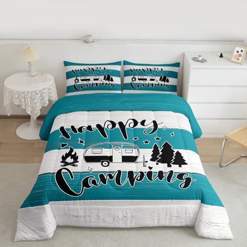 Camping Travel Comforter Set Queen Size,RV Trailer Camper Decor Bedding Set 3pcs for Kids Boys Girls Adults,Old Wooden Board Rustic Farmhouse Down Comforter,Teal Country Duvet Insert,2 Pillowcases