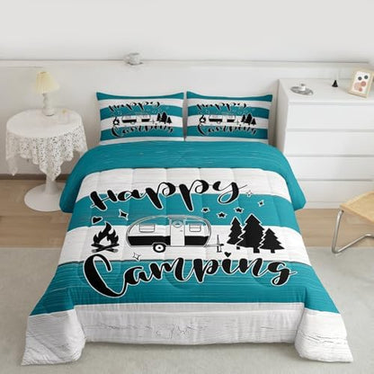 Camping Travel Comforter Set Queen Size,RV Trailer Camper Decor Bedding Set 3pcs for Kids Boys Girls Adults,Old Wooden Board Rustic Farmhouse Down Comforter,Teal Country Duvet Insert,2 Pillowcases