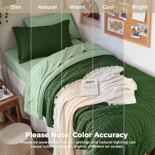 HYMOKEGE Dark Green/Sage Green Twin Comforter Set Seersucker 5 Pieces, All Season Luxury Bed in a Bag for Bedroom, Bedding Set with Comforter, Sheets, Pillowcase & Sham