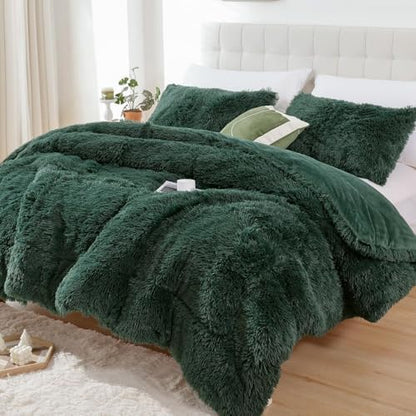 Smoofy Fluffy Queen Comforter Set, Dark Green Faux Fur Comforter Set 3 Pcs