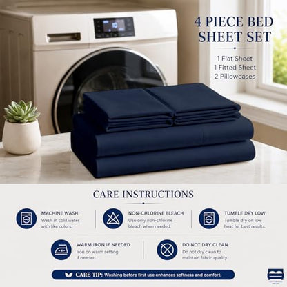 4 Piece Full XL Dorm Bedding Set for College, Egyptian Cotton, Navy Blue
