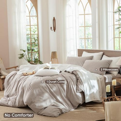 MooMee Gingham Duvet Cover Set 100% Washed Cotton Linen Like