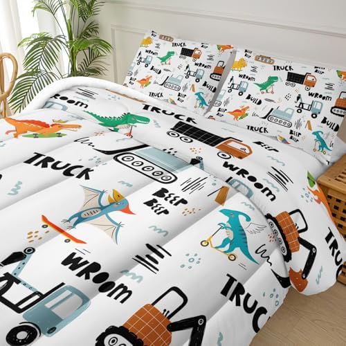 Boys Excavator Comforter Set Twin,Cartoon Bedding Set,Construction Comforter Set for Teen,Dinosaur Truck Quilt Set, Equipment Trucks Print White Bedding Set