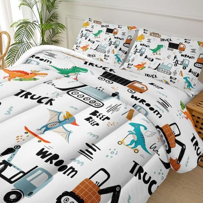 Boys Excavator Comforter Set Twin,Cartoon Bedding Set,Construction Comforter Set for Teen,Dinosaur Truck Quilt Set, Equipment Trucks Print White Bedding Set