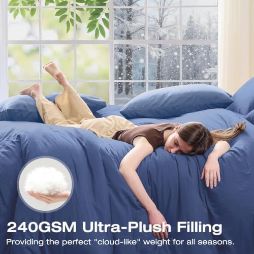 Sasttie King Comforter Set 7-Piece Blue, Pre-Washed Bed in a Bag