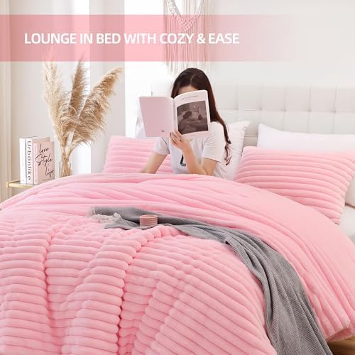 Smoofy Fluffy Full Size Comforter 3 PCS - Pink Fleece Bedding Set