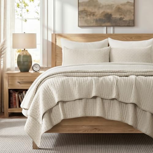 EVERGRACE Cross Stitch Pre-Washed Cotton Quilt Bedding Set King Size, Oversized 3 Pieces Lightweight Bedspread Coverlet for All Season, with 2 Matching Shams, Birch,108"x96"
