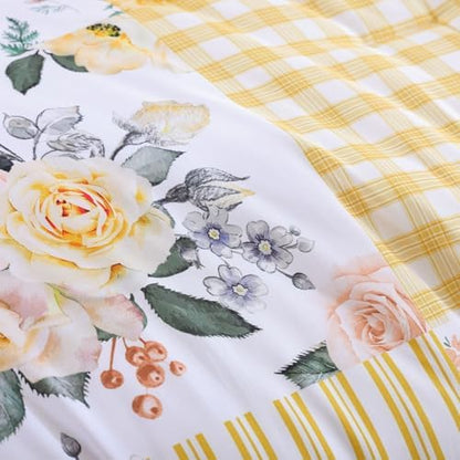 YIKUSH Yellow Floral Queen Comforter Set, Soft Lightweight All Season Bedding Set for Women Girls, Cozy Cottagecore Botanical Comforter Queen Size with 2 Pillow Shams, Breathable Floral Bed Set