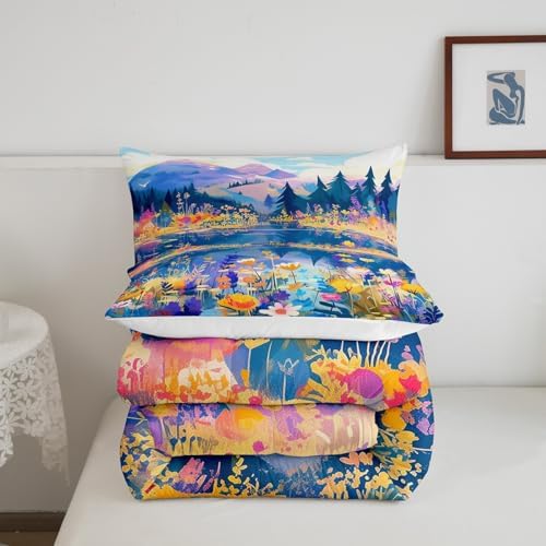 Blossom Flower Comforter Set King Size,Spring Nature Scenery Duvet Insert for Kids Girls Women Room Decor,Lake Mountain Pine Tree Bedding Set 3Pcs,Colorful Floral Garden Quilt Set,2 Pillowcases