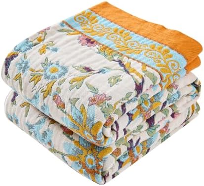 VANJOROY Boho Throw Blanket, 100% Organic Cotton Breathable Ultra Soft 91" x 108" King Bed Quilt Throw - All Season Floral Rustic Luxury Blanket for Sofa Couch Chair