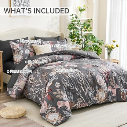 Luxudecor Floral Comforter Set Queen Bed in a Bag Set,7 Pieces Dark Gray Floral Comforter and Sheet Set,Soft Microfiber Bedding Sets for All Seasons (Dark Gray,90"X90")