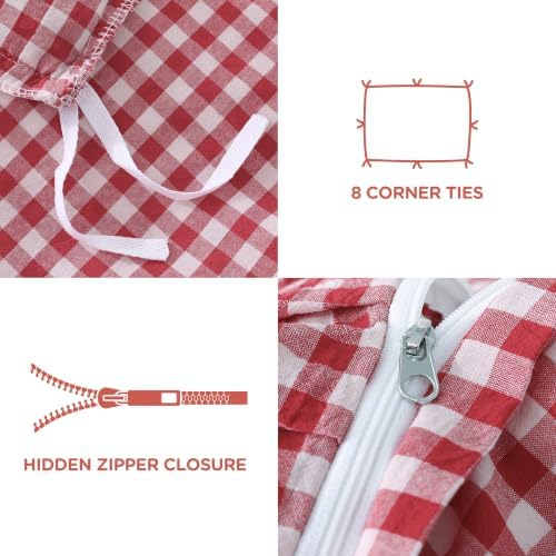 ATsense Red Gingham Ruffle Duvet Cover Set Cotton Like Linen, King