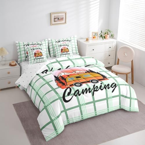 Erosebridal Happy Camping Comforter Set Twin Size,Cartoon RV Bedding Set for Kids Teens,Green Buffalo Plaid (Comforter+Fitted+Flat Sheet+2 Pillowcases+2 Throw Pillow Covers) 7 Pieces Bed Set