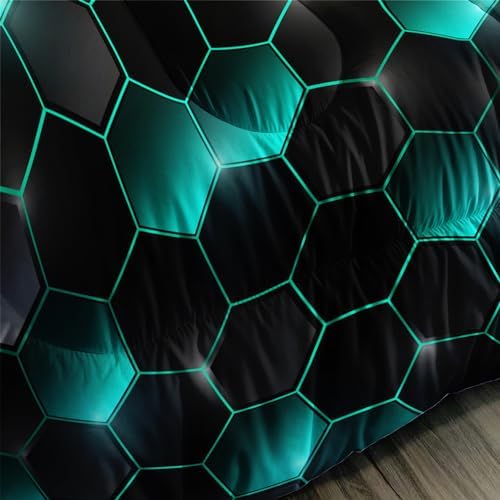 Geometric Black Green Neon Comforter Set,Light Honeycomb 3 Piece Bedding Set Queen for Teen Boys,Modern Bedding Quilt Set Geometry Decor,Microfiber Lightweight 1 Comforter 2 Pillowcases All Season