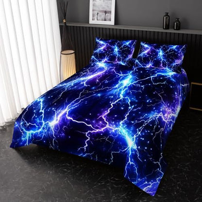 Nttopship Blue Lightning Comforter Set Twin Size Bed in A Bag,Lightning Bedding Set for Teen Adult Blue Room Decor Ultra-Soft Lightweight Microfiber with 2 Pillowcases