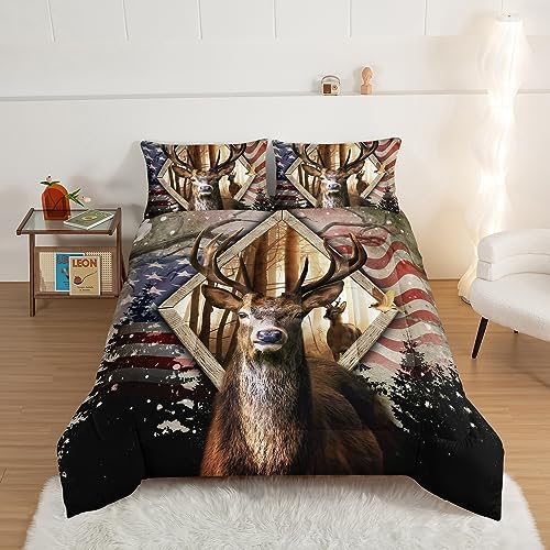 HOSIMA Hunting Bedding Sets 3Pcs Deer Comforter with 2 Pillowcases,Western Farmhouse Animal Hunting Stars Stripes USA Flag Twin Comforter for Teen Boys Mens Bedroom Essentials RV Inside Decor.