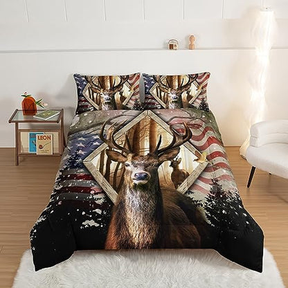 HOSIMA Hunting Bedding Sets 3Pcs Deer Comforter with 2 Pillowcases,Western Farmhouse Animal Hunting Stars Stripes USA Flag King Size Comforter Set for Teen Boys Mens Bedroom Essentials.