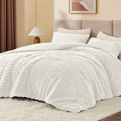 BEDELITE Fluffy King Comforter Set, White Ivory Fleece Bed Set 3 Pieces