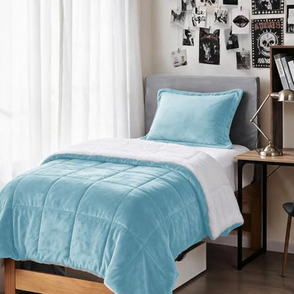 Sherpa Comforter Set Twin XL Size, Smoke Blue Bedding Set with Sham